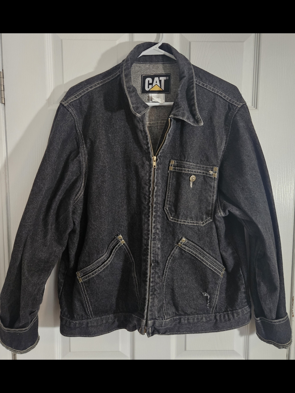 Caterpillar Vintage Mens XL Faded Black Workwear Full Zip Jacket Made USA.